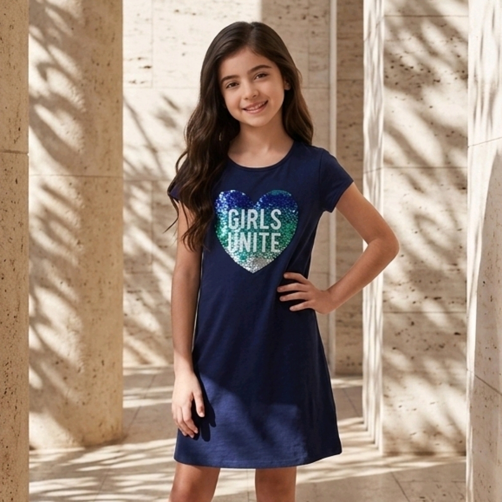 Justice Girls Flip Sequin Heart T-Shirt Dress Navy Blue "Girls Unite" Size 10